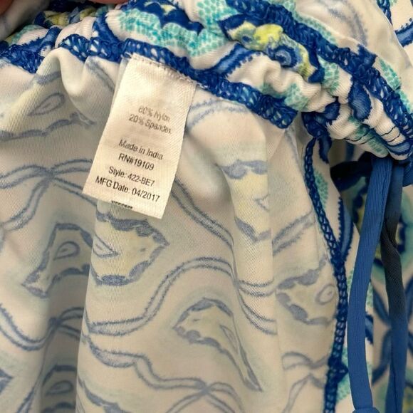 Cabana Life Women’s Swim Top Size Large Blue Green Ruched Patterned Long Sleeve - Picture 5 of 7